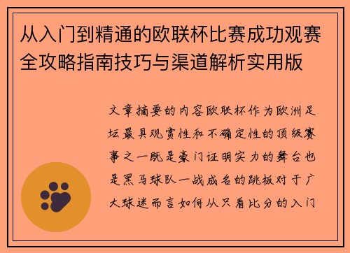 从入门到精通的欧联杯比赛成功观赛全攻略指南技巧与渠道解析实用版 从入门到精通的欧联杯比赛成功观赛全攻略指南技巧与渠道解析实用版